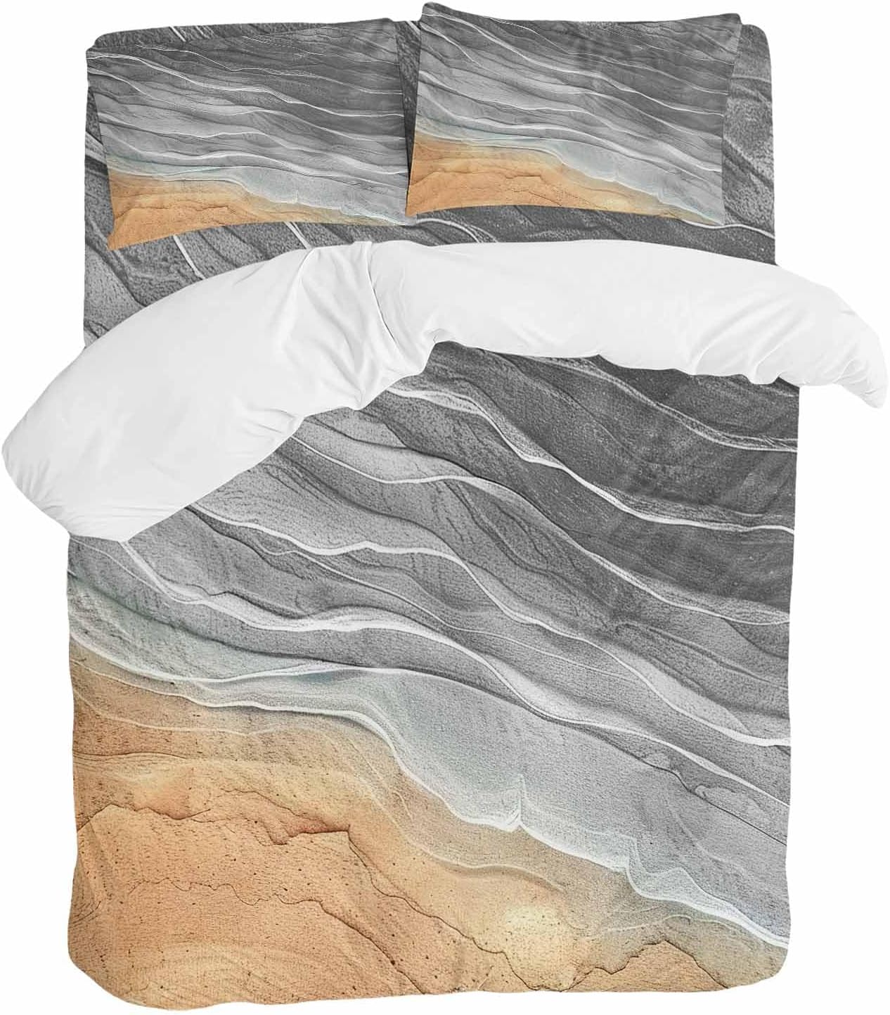 Prime Leader Abstract Grey Duvet Cover Set Queen Size 4 Pieces Ocean Beach Waves Lines Gradient Bedding Set with Zipper Closure, 1 Comforter Cover 86x86 Inches 1 Flat Sheet & 2 Pillow Cases