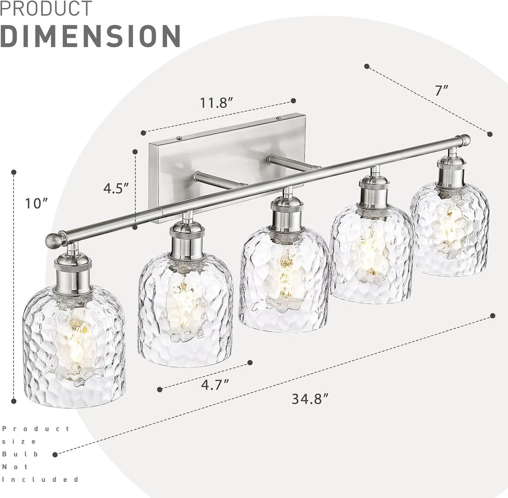 zeyu Modern Brushed Nickel Bathroom Lights Fixture, 35 Inch 5 Light Vanity Lighting Over Mirror, Brushed Nickel Finish with Clear Hammered Glass, ZJF63B-5W BN