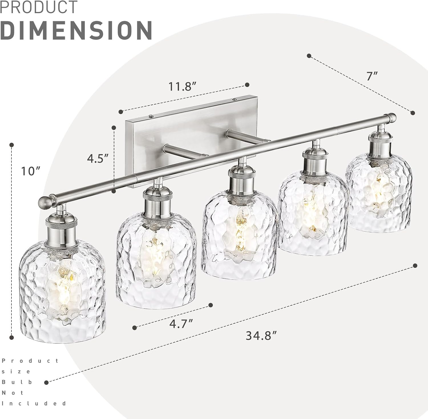 zeyu Modern Brushed Nickel Bathroom Lights Fixture, 35 Inch 5 Light Vanity Lighting Over Mirror, Brushed Nickel Finish with Clear Hammered Glass, ZJF63B-5W BN