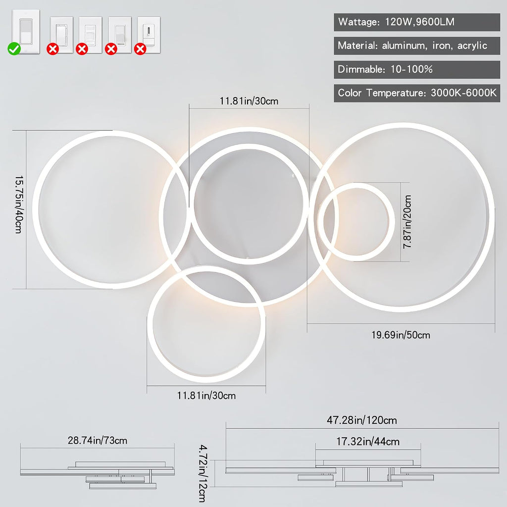 O'NEELDY Modern LED Ceiling Light White Flush Mount Ceiling Lights Fixtures Dimmable 47' Dining Room Light Fixture with Remote 6 Rings Kitchen Lighting Fixtures Ceiling Lamp for Bedroom,Living Room