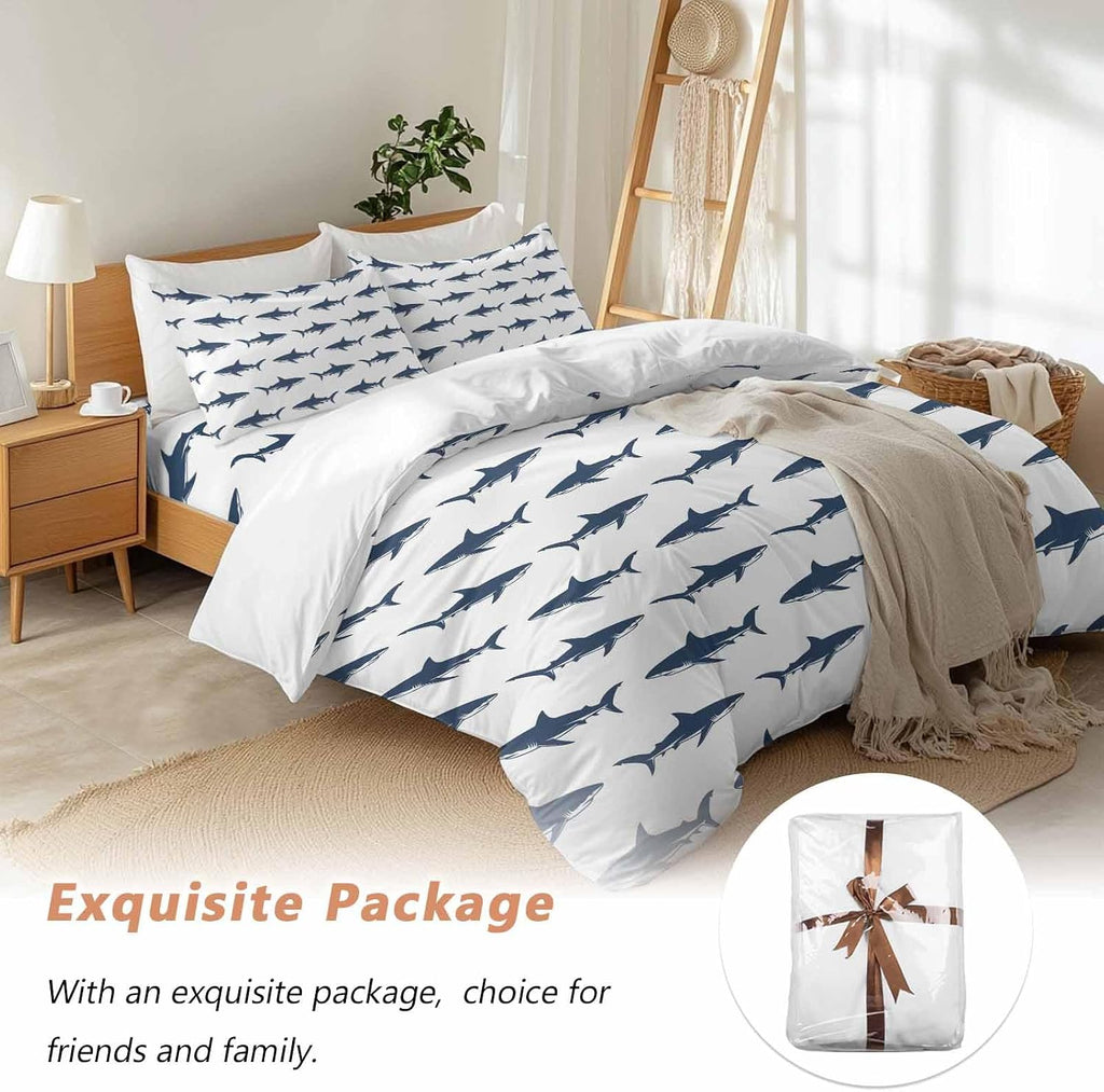 Prime Leader Abstract Sharks Duvet Cover Set Queen Size 4 Pieces Navy Blue Fish Simple Style Ocean Life Bedding Set with Zipper Closure, 1 Comforter Cover 92x106 Inches 1 Flat Sheet & 2 Pillow Cases