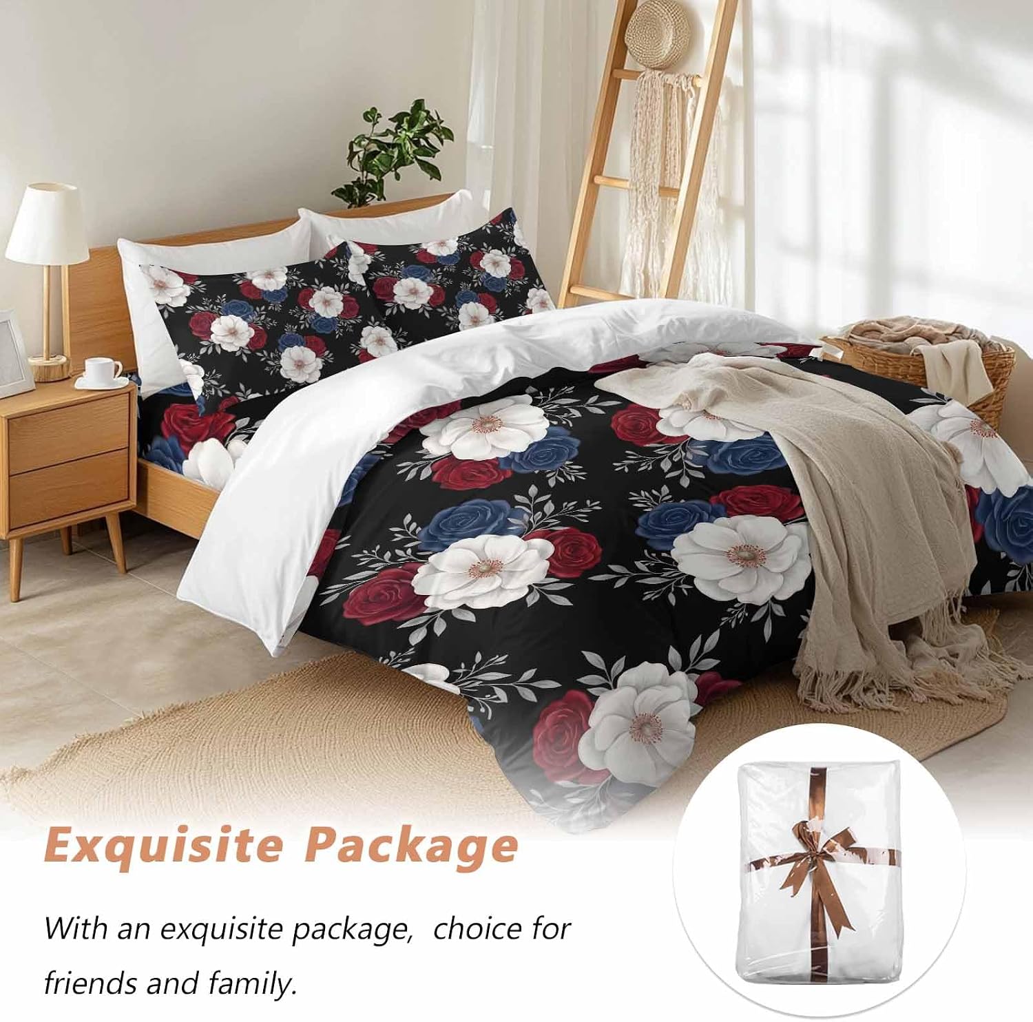 Prime Leader Independence Day Duvet Cover Set Queen Size 4 Pieces Red Blue White Roses Floral Leaf Black Bedding Set with Zipper Closure, 1 Comforter Cover 92x106 Inches 1 Flat Sheet & 2 Pillow Cases
