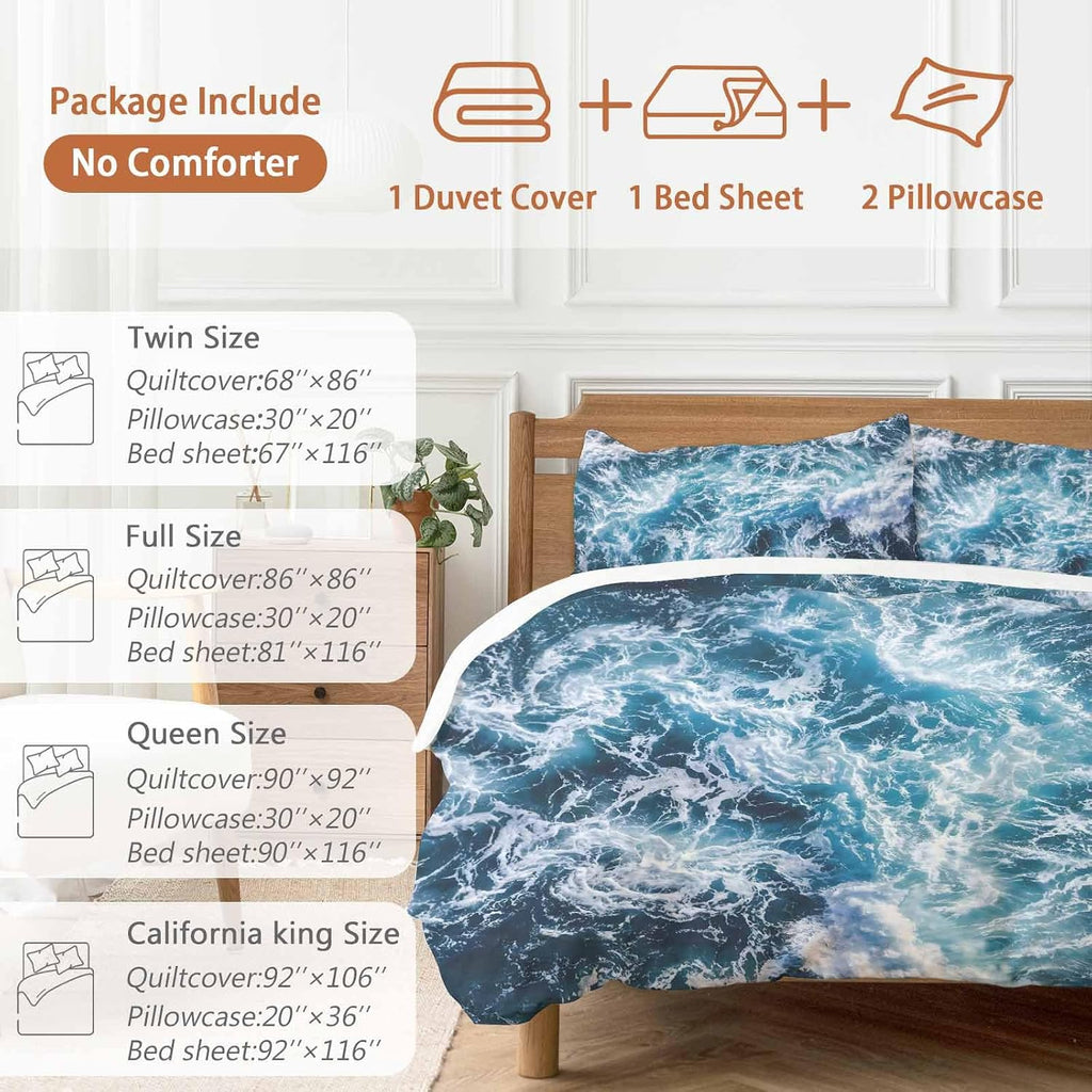 Dark Blue Ocean Scenery Duvet Cover Set Queen Size 4 Pieces Ombre Sea Waves Natural Modern Art Bedding Set with Zipper Closure, 1 Comforter Cover 92x106 Inches 1 Flat Sheet & 2 Pillow Cases