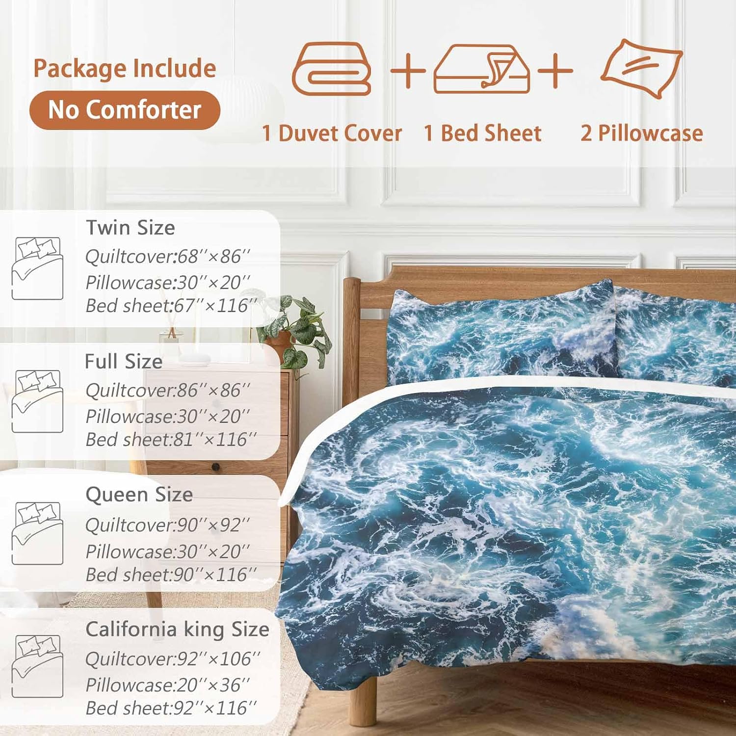 Dark Blue Ocean Scenery Duvet Cover Set Queen Size 4 Pieces Ombre Sea Waves Natural Modern Art Bedding Set with Zipper Closure, 1 Comforter Cover 92x106 Inches 1 Flat Sheet & 2 Pillow Cases