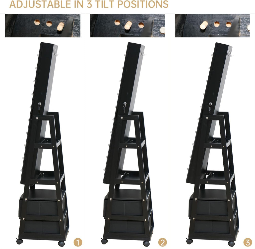 Jewelry Armoire Cabinet Organizer Standing with 20 LED Lights Lockable Full Length Mirror with Storage Shelves and 2 Drawers (Black) Adjustable Tilt Angles Gift for Her