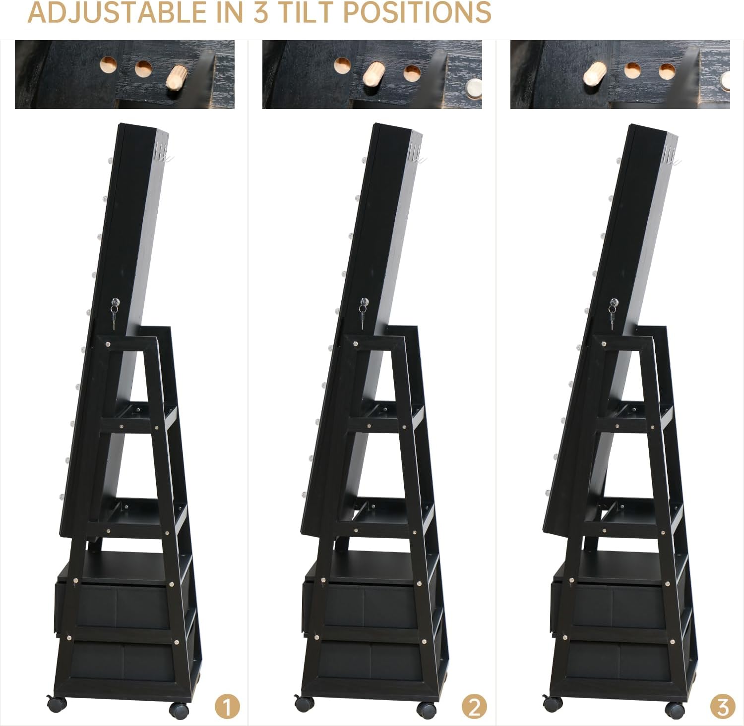 Jewelry Armoire Cabinet Organizer Standing with 20 LED Lights Lockable Full Length Mirror with Storage Shelves and 2 Drawers (Black) Adjustable Tilt Angles Gift for Her
