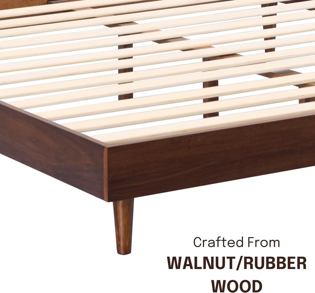 NTC Fly Wooden Bed Frame Without Headboard, Crafted from Walnut, Rubber Wood with Silent Slats and Wood Central Supports, 1000 Lb Capacity, Effortless Assembly, Queen - Dark Walnut