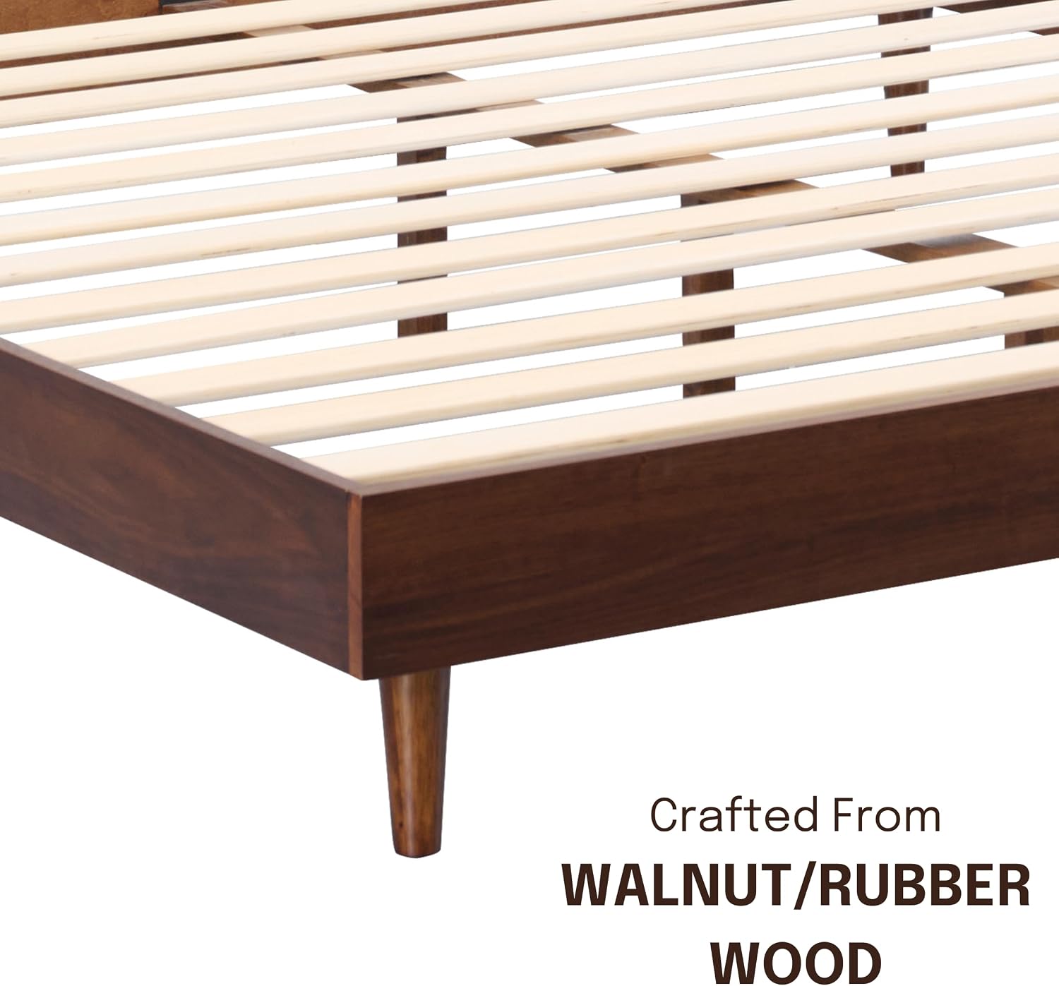 NTC Fly Wooden Bed Frame Without Headboard, Crafted from Walnut, Rubber Wood with Silent Slats and Wood Central Supports, 1000 Lb Capacity, Effortless Assembly, Queen - Dark Walnut