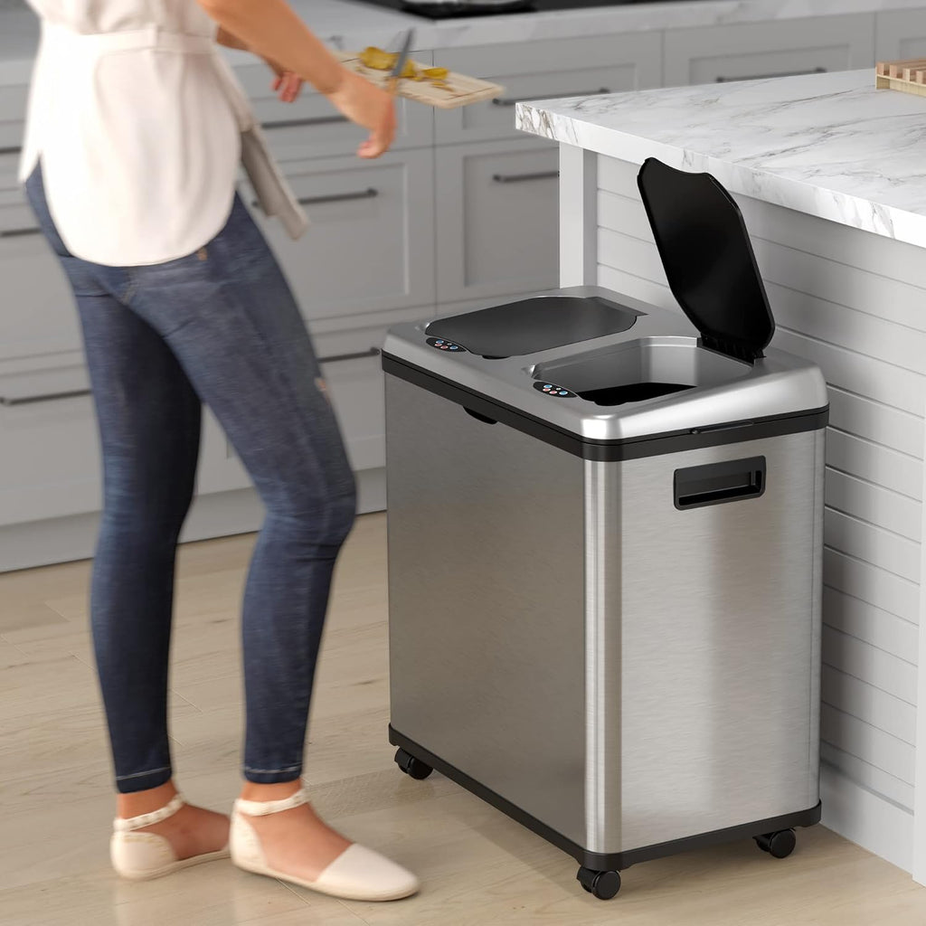 iTouchless 16 Gallon Touchless Sensor Kitchen Trash Can and Recycle Bin with Wheels, 61 Liter Stainless Steel Dual-Compartment (2 x 8 Gallon) Combo Recycling and Garbage Trashcan
