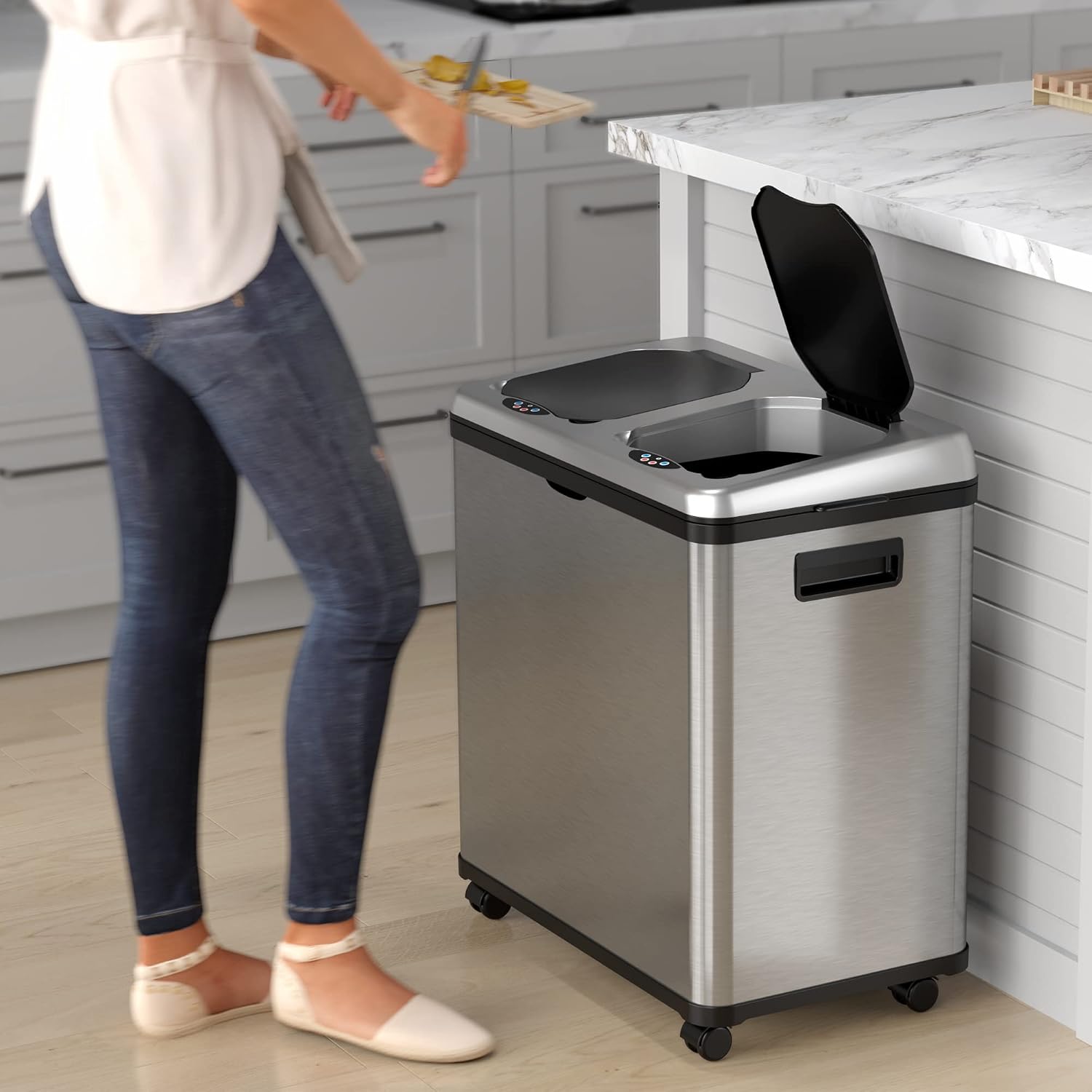 iTouchless 16 Gallon Touchless Sensor Kitchen Trash Can and Recycle Bin with Wheels, 61 Liter Stainless Steel Dual-Compartment (2 x 8 Gallon) Combo Recycling and Garbage Trashcan