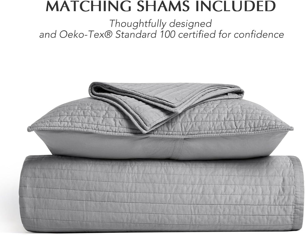 EVERGRACEHOME Cotton Sateen Quilt Set King Size, Pre-Washed Cotton Channel Stitch Coverlet Bedspread, 3 Pieces Lightweight Soft Bedding Sets for All Season, with 2 Pillow Shams, Fog Gray