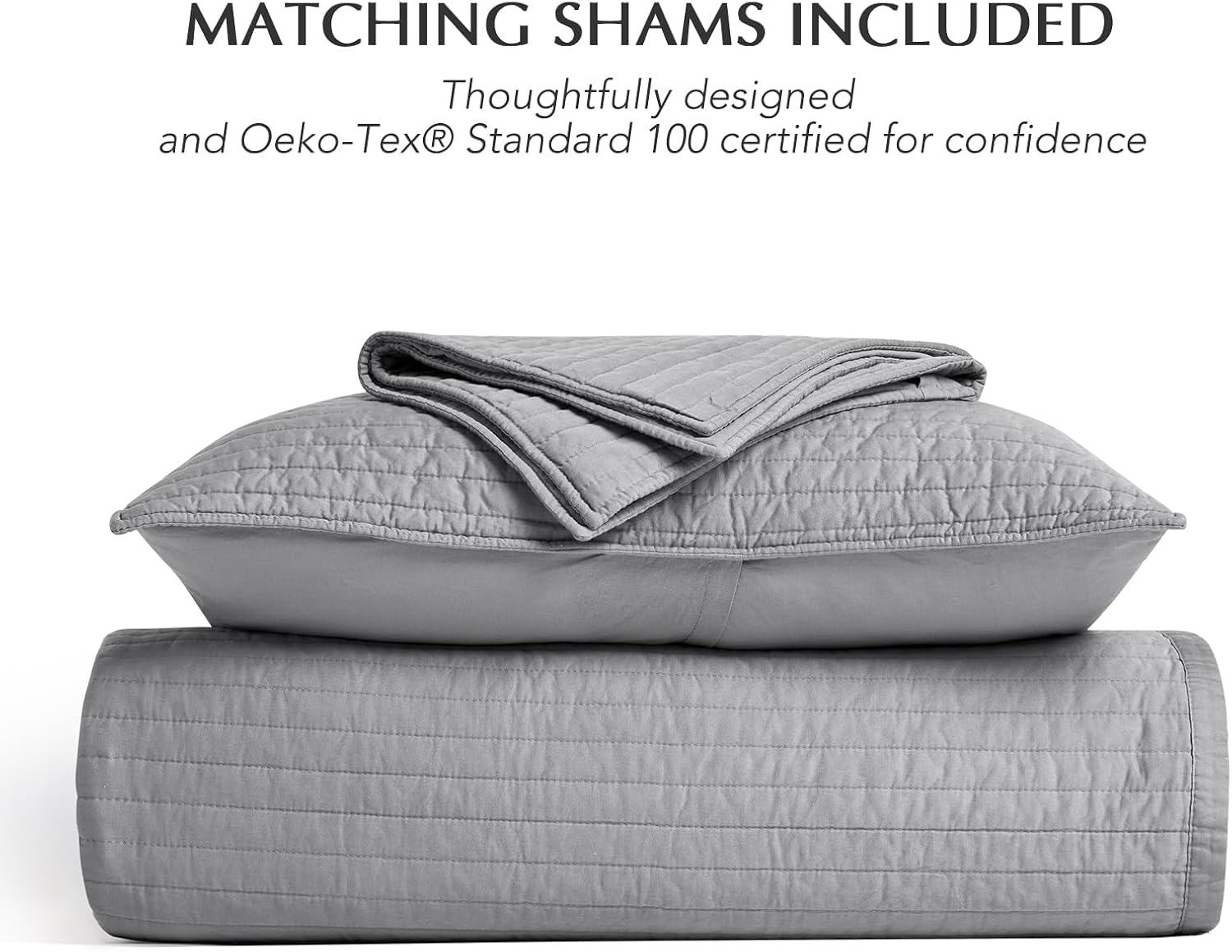 EVERGRACEHOME Cotton Sateen Quilt Set King Size, Pre-Washed Cotton Channel Stitch Coverlet Bedspread, 3 Pieces Lightweight Soft Bedding Sets for All Season, with 2 Pillow Shams, Fog Gray
