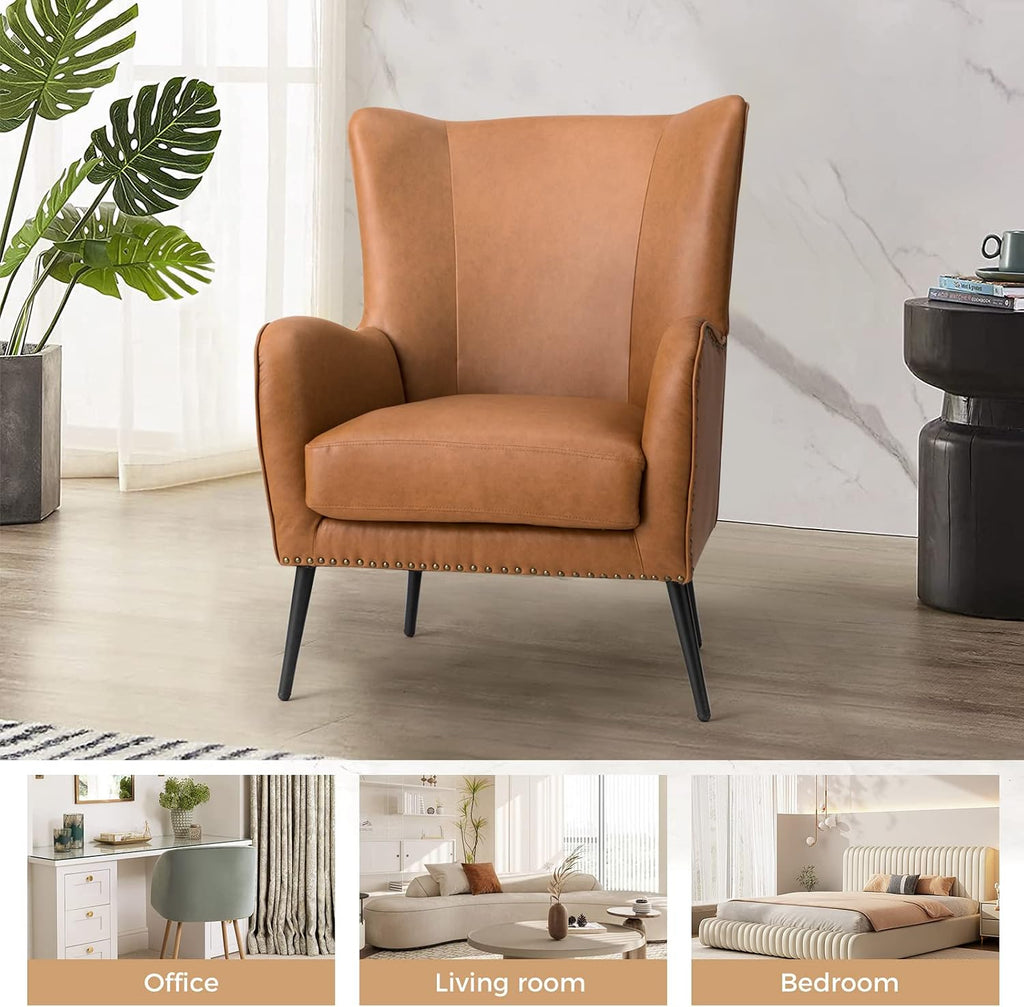 HULALA HOME Faux Leather Accent Chair with Removable Cushion, Comfy Upholstered Armchair with Black Metal Legs & Nailhead Trim Wingback Vanity Chair for Reading Living Room Bedroom, Camel