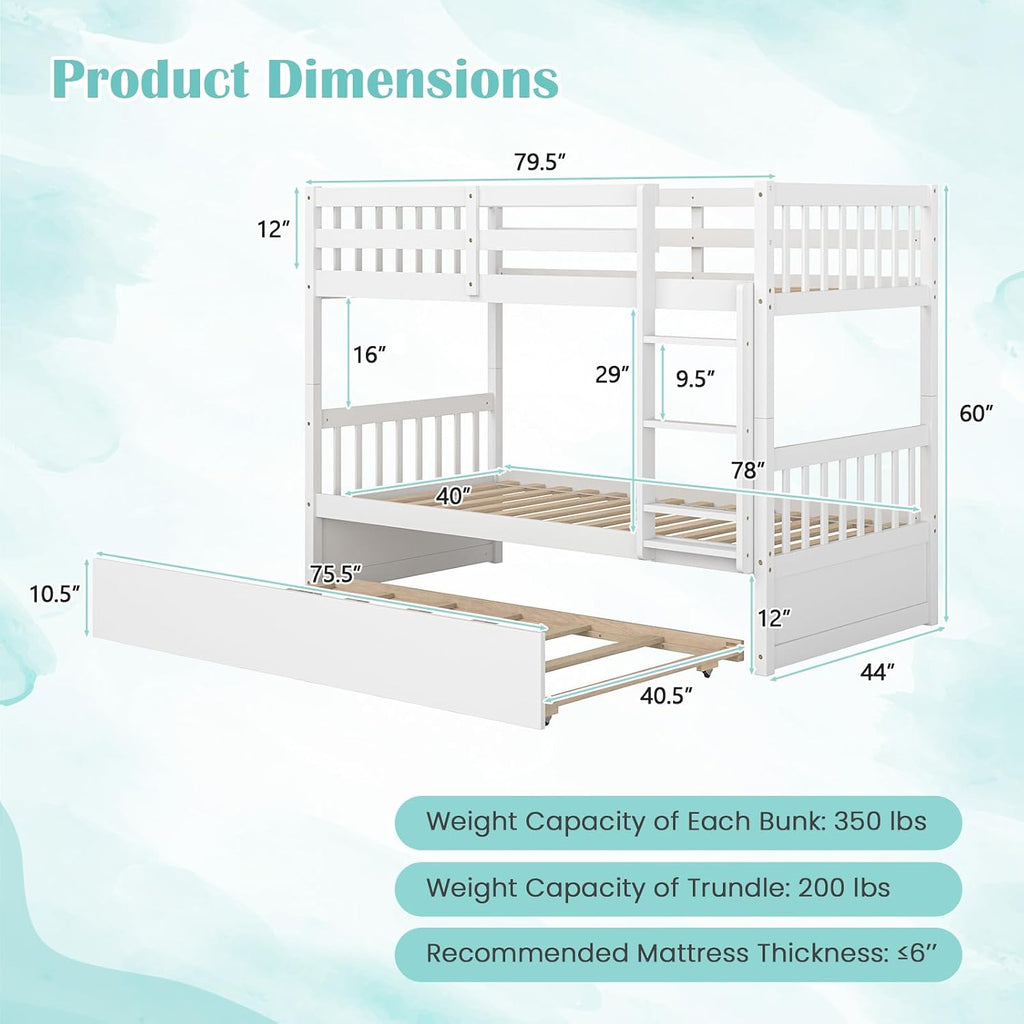 MAT EXPERT Twin Over Twin Bunk Bed with Trundle, Solid Wood Bunk Bed Frame w/Ladder, Slats & Rail, Convertible Twin Size Platform Bed for Kids, Space-Saving Bunk Beds for Bedroom Dorm (White)