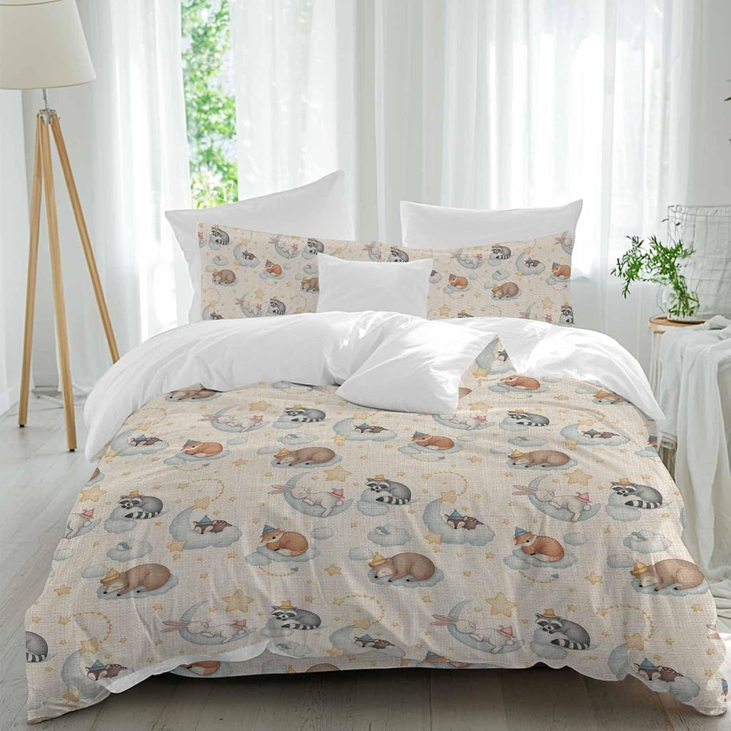 Cartoons Animals Duvet Cover Set Queen Size 4 Pieces Watercolor Fox Sleeping Raccoon Cute Rabbit Bedding Set with Zipper Closure, 1 Comforter Cover 92x106 Inches 1 Flat Sheet & 2 Pillow Cases
