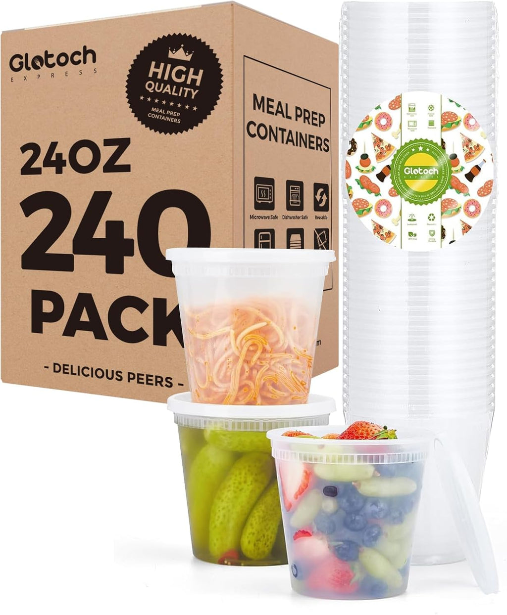 Glotoch Express 24oz Soup and Meal Prep Containers with Lids, Durable BPA-Free Plastic, Stackable Design, Microwave/Freezer/Dishwasher Safe, 240 Pack