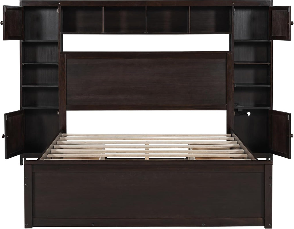 Merax Queen Size Wooden Bed with All-in-One Cabinet, Espresso Platform Bed Frame with 4 Drawers, Shelf and Sockets