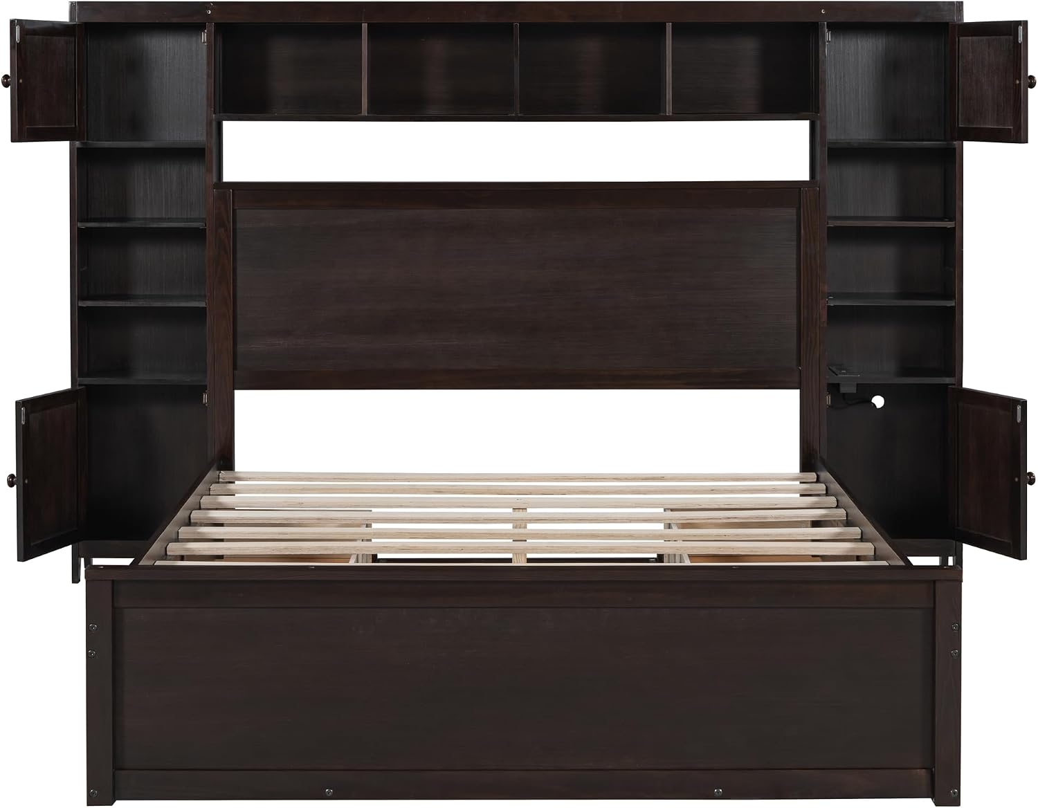 Merax Queen Size Wooden Bed with All-in-One Cabinet, Espresso Platform Bed Frame with 4 Drawers, Shelf and Sockets