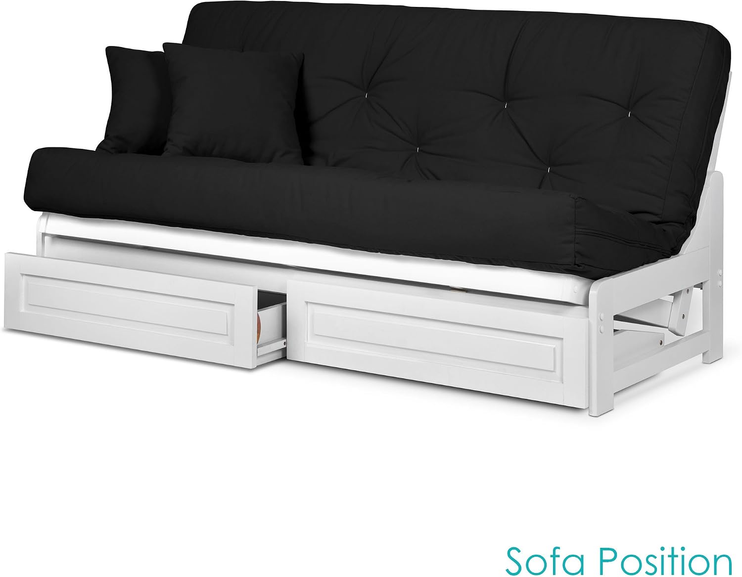 Nirvana Futons Arden White Futon with Storage Drawers Full or Queen Size - Space Saving Armless Design with Comfortable Mattress (Twill Black), Sofa Bed Available in
