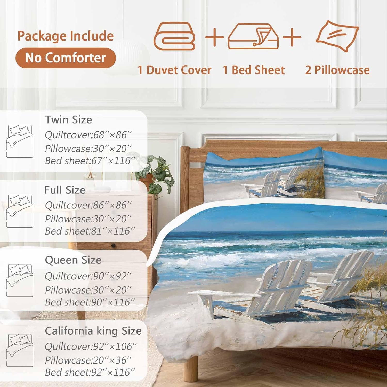 Prime Leader White Chairs Duvet Cover Set Queen Size 4 Pieces American Country Beach Ocean Bedding Set with Zipper Closure, 1 Comforter Cover 92x106 Inches 1 Flat Sheet & 2 Pillow Cases