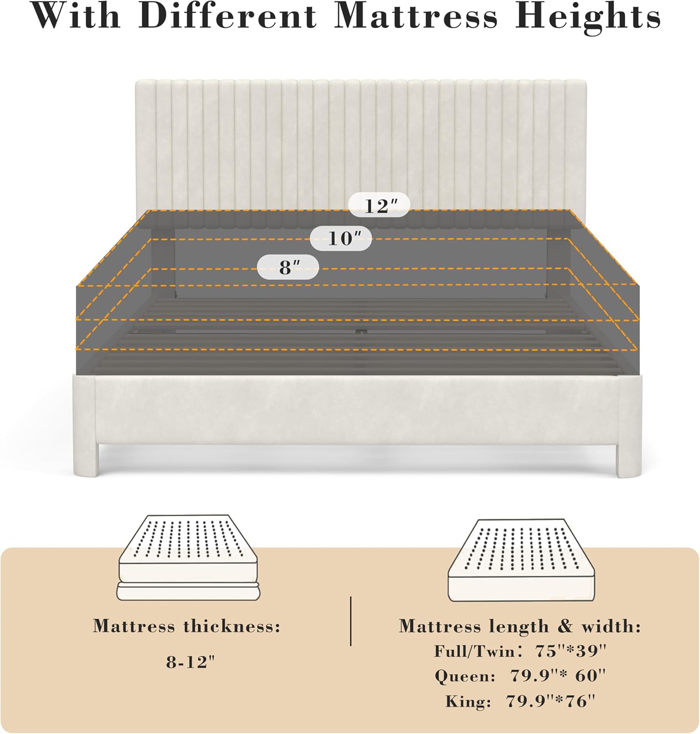 Vipbear Queen Upholstered Platform Bed Frame, Luxury Velvet Fabric with Headboard, Quiet & Sturdy Slat Support, Under-Bed Storage Space, Easy Setup, White