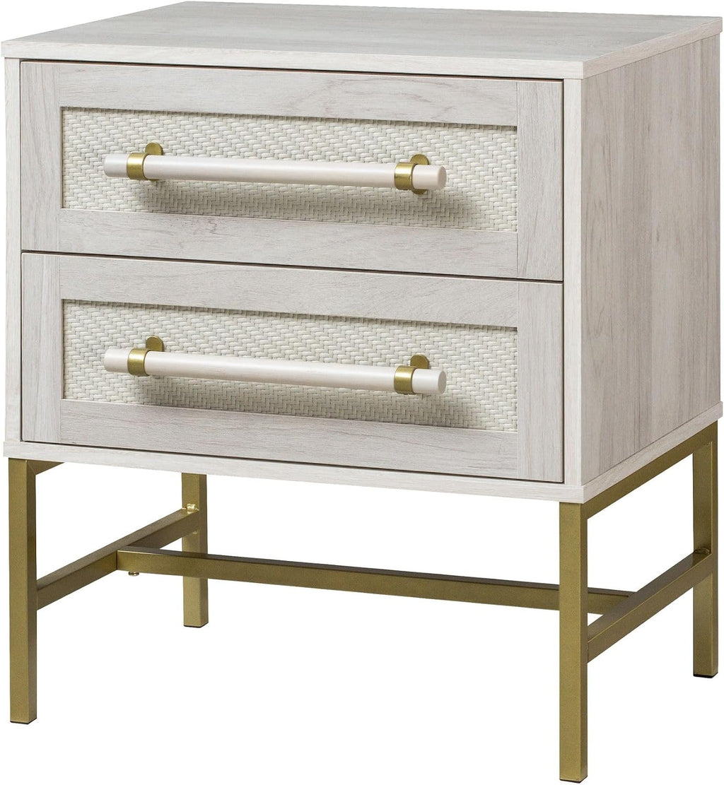 Sophia 2-Drawer Nightstand in Sand Finish with Rattan Fronts, Elegant Gold-Tone Bar Pulls, and Slim Metallic Legs- Ideal Bedroom Furniture for Boho, Transitional, and Modern Interiors
