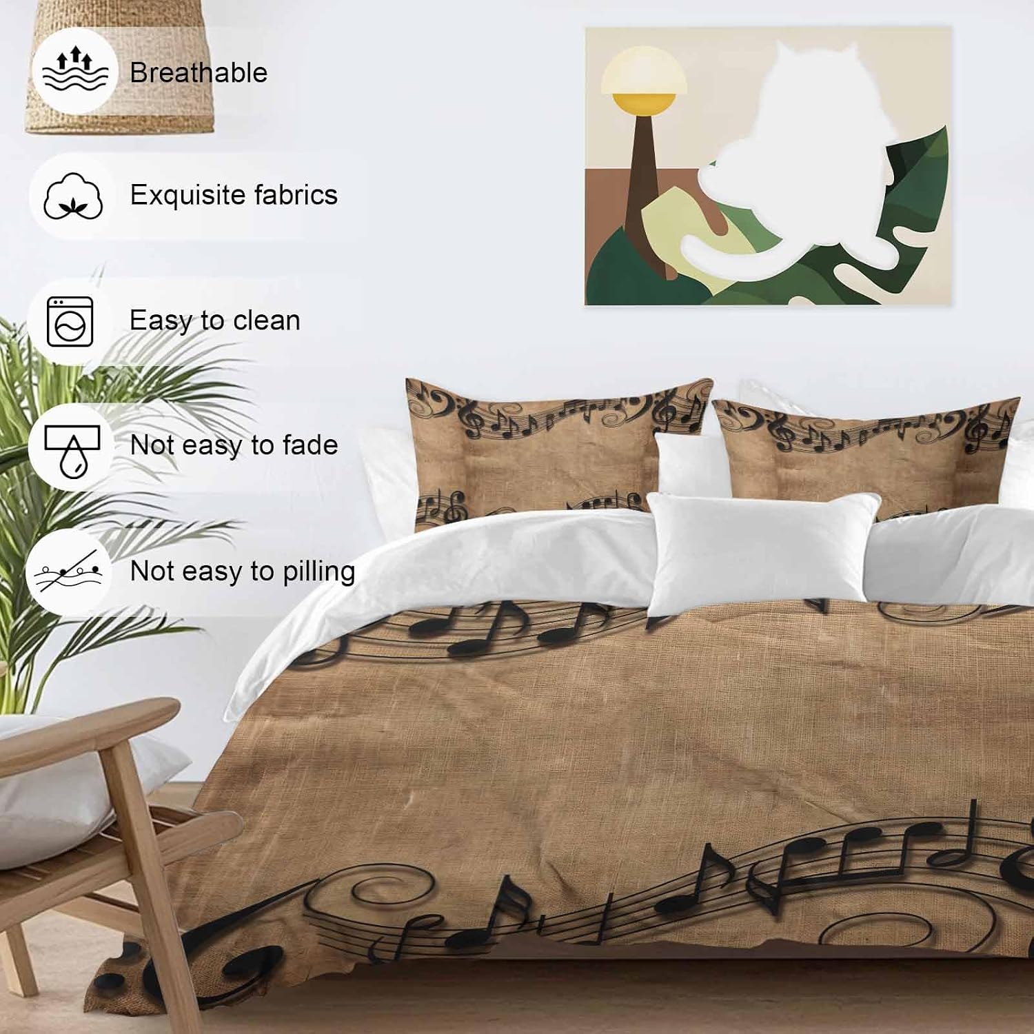 Musical Symbols Duvet Cover Set Queen Size 4 Pieces Musical Staff Retro Brown Background Modern Bedding Set with Zipper Closure, 1 Comforter Cover 90x92 Inches 1 Flat Sheet & 2 Pillow Cases