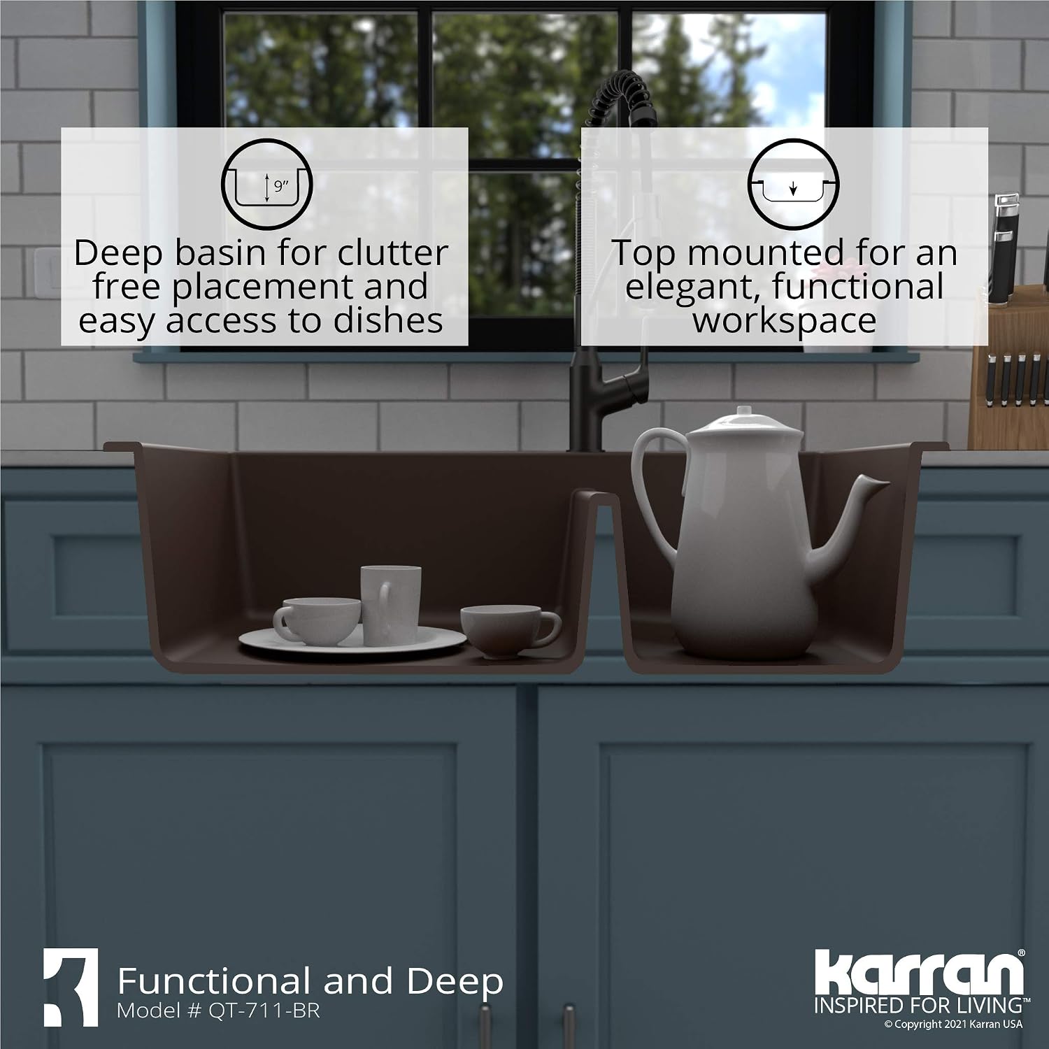 Karran QT-711 Drop-In Quartz Composite 33 in. 1-Hole 60/40 Double Bowl Kitchen Sink in Brown