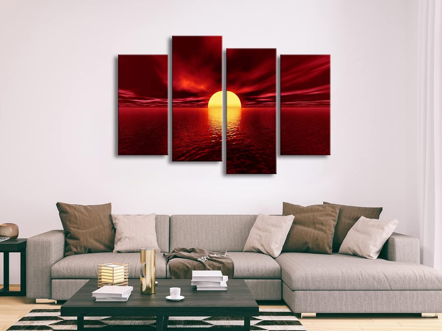 Wieco Art Large 4 Piece Red Sea Canvas Wall Art, Modern Sun Seascape Beach Canvas Prints, Stretched Ocean Landscape Artwork, Ready to Hang Wall Decor for Living Room Bedroom Home Office