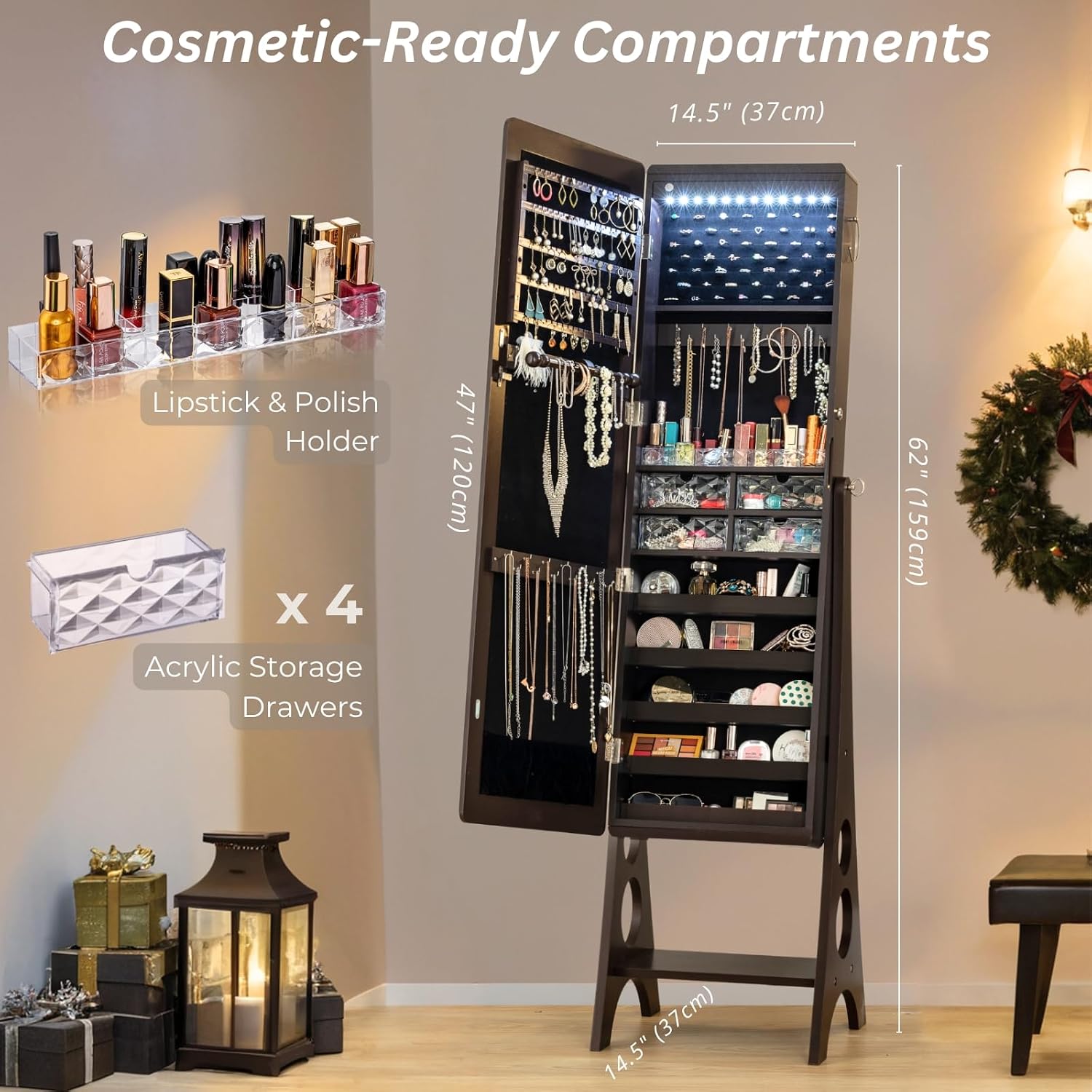 BTEXPERT Mirror Jewelry Cabinet Standing, Large Storage Jewelry Armoire, Full-Length Frameless Mirror with Jewelry Storage, 12 LED Lockable Standing Jewelry Organizer Brown