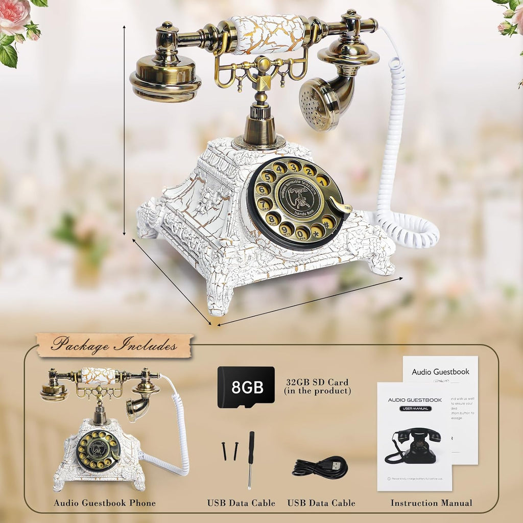 Audio Guest Book Wedding Phone, Vintage Audio GuestBook, Record Guest Messages for Weddings & Special Events, Customized Audio Keepsake for Memorable Occasions (Retro White)