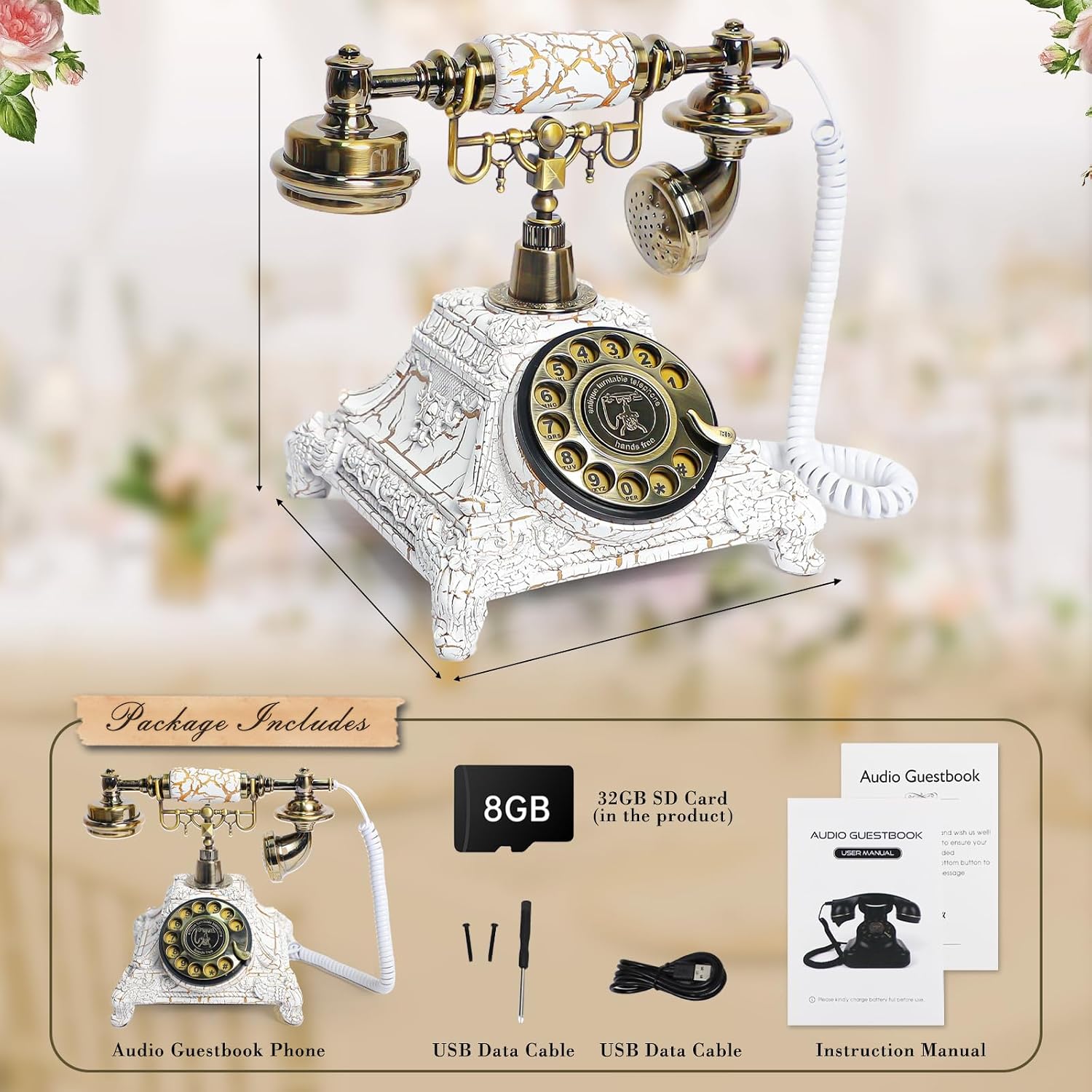 Audio Guest Book Wedding Phone, Vintage Audio GuestBook, Record Guest Messages for Weddings & Special Events, Customized Audio Keepsake for Memorable Occasions (Retro White)