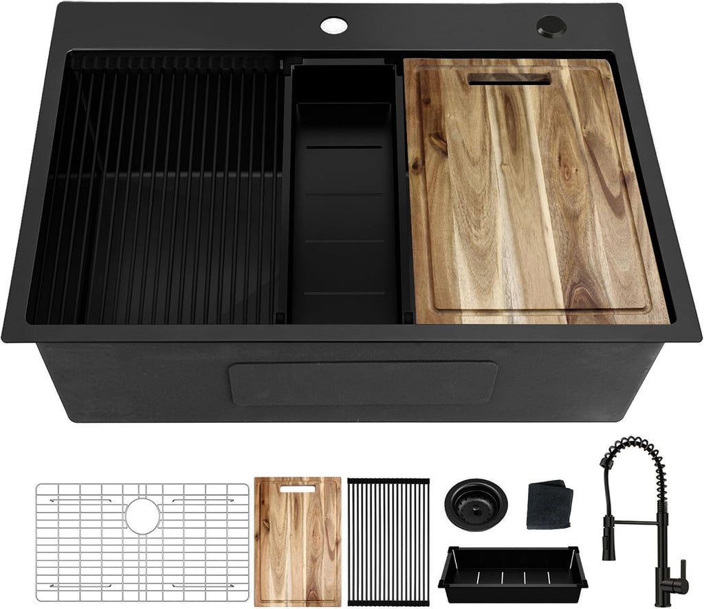 30 inch Dark Black Drop In Workstation kitchen Sink with Pull Out Faucet, Handmade Topmount Single Bowl 18 Gauge PVD-Nano Scratch-Resistant Stainless Steel Kitchen Sink with Accessories