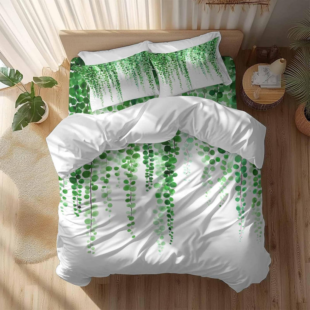 Prime Leader Green Eucalyptus Leaves Duvet Cover Set Queen Size 4 Pieces Summer Watercolor Plants Bedding Set with Zipper Closure, 1 Comforter Cover 92x106 Inches 1 Flat Sheet & 2 Pillow Cases
