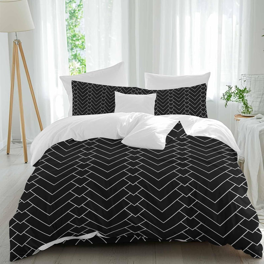 Prime Leader Abstract Line Duvet Cover Set Queen Size 4 Pieces Herringbone Black White Modern Simple Bedding Set with Zipper Closure, 1 Comforter Cover 92x106 Inches 1 Flat Sheet & 2 Pillow Cases