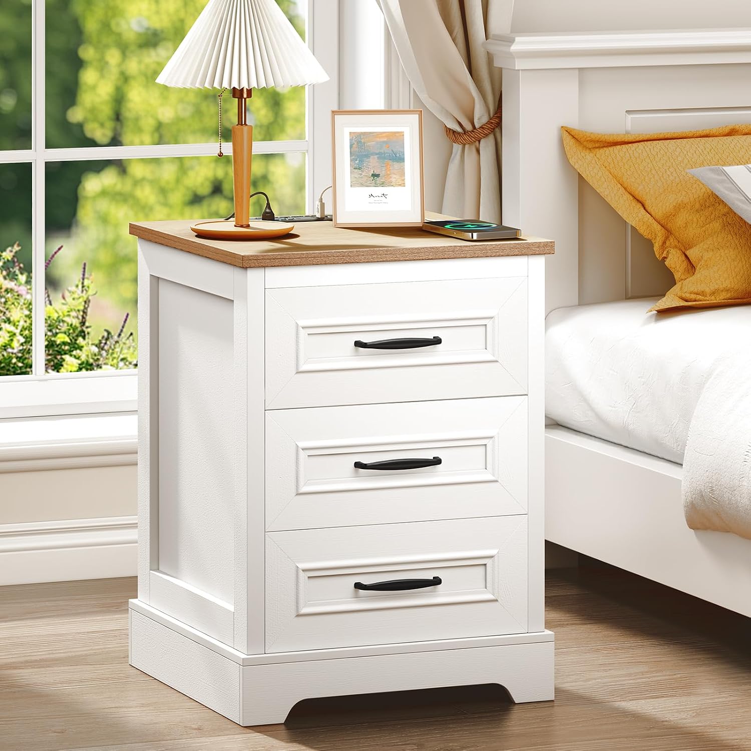 Farmhouse Nightstand with Charging Station- Wood Night Stand Set 2, 3 Drawer Nightstands Set of 2, Bedside Table with Storage, Rustic Night Stands for Bedroom, Closet, 18' Wide, 24' Tall