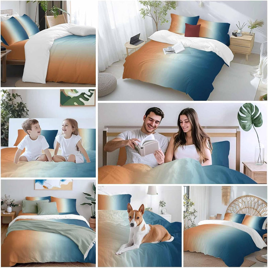 Gradient Orange Blue Duvet Cover Set Queen Size 4 Pieces Modern Abstract Minimalist Blue Ocean Beach Bedding Set with Zipper Closure, 1 Comforter Cover 86x86 Inches 1 Flat Sheet & 2 Pillow Cases