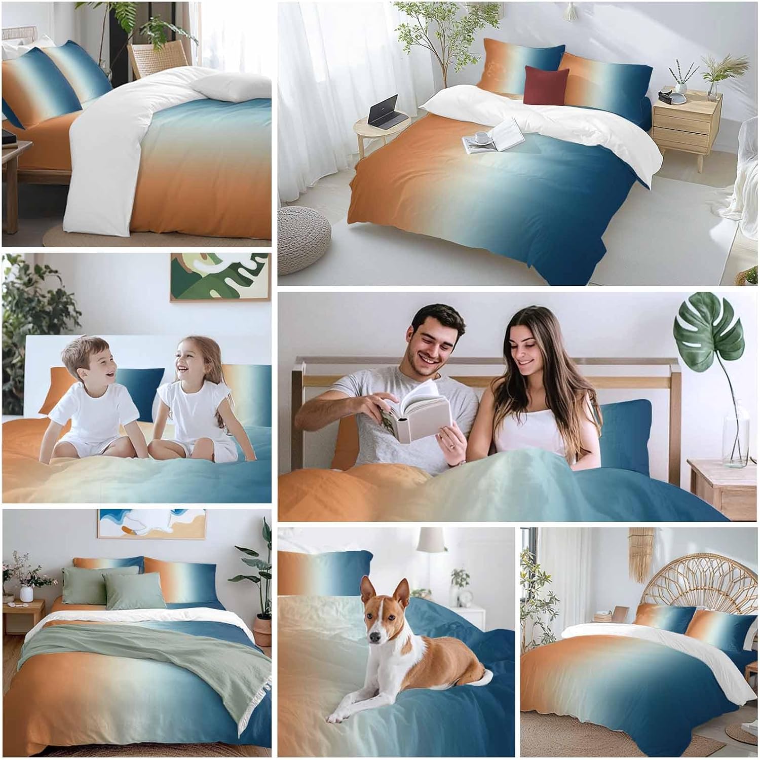 Gradient Orange Blue Duvet Cover Set Queen Size 4 Pieces Modern Abstract Minimalist Blue Ocean Beach Bedding Set with Zipper Closure, 1 Comforter Cover 86x86 Inches 1 Flat Sheet & 2 Pillow Cases