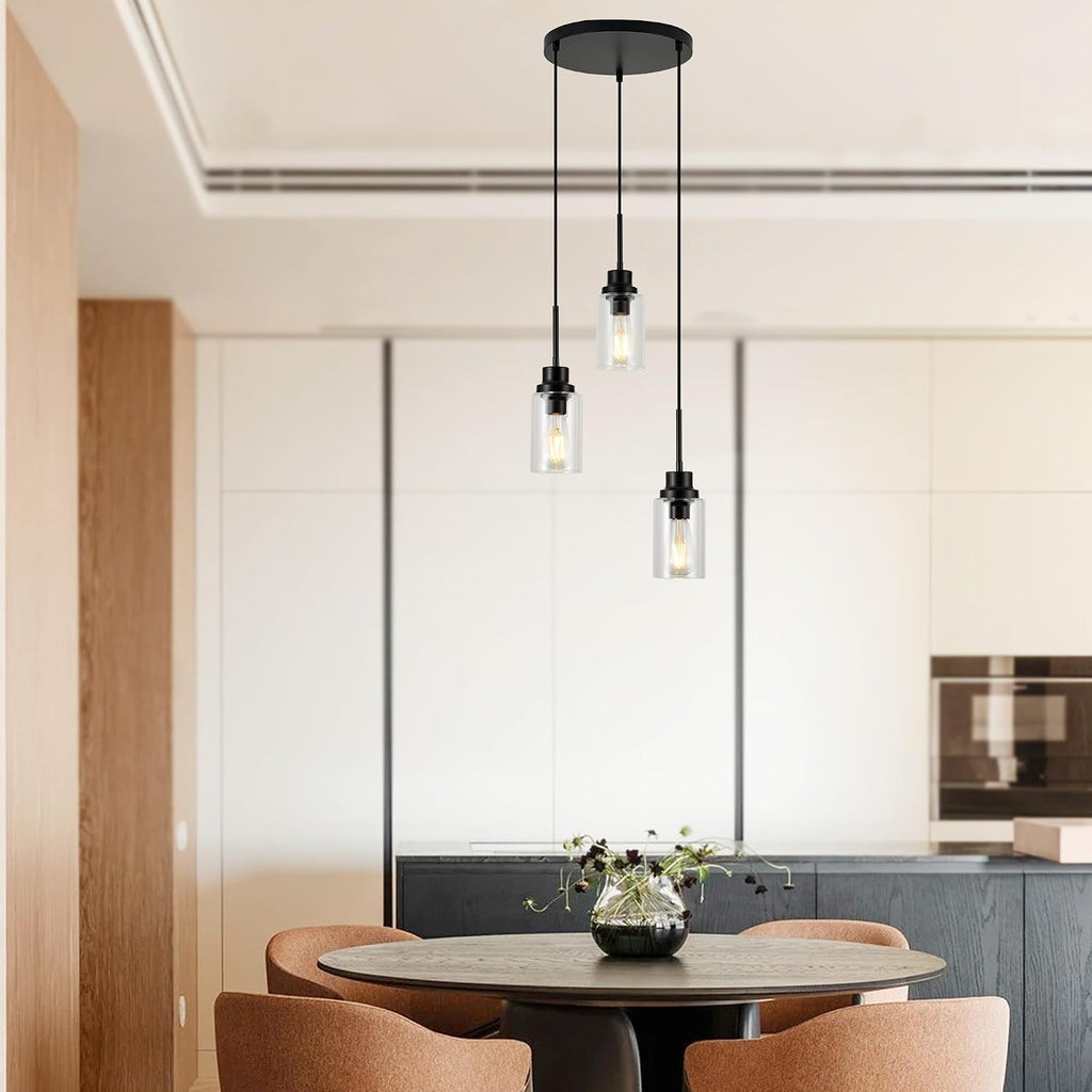 3-Lights Modern Pendant Light Fixtures Black Adjustable Height Ceiling Lights Chandelier with Clear Glass Shades Kitchen Island Lighting Hanging E26 Base for Foyer Dining Room