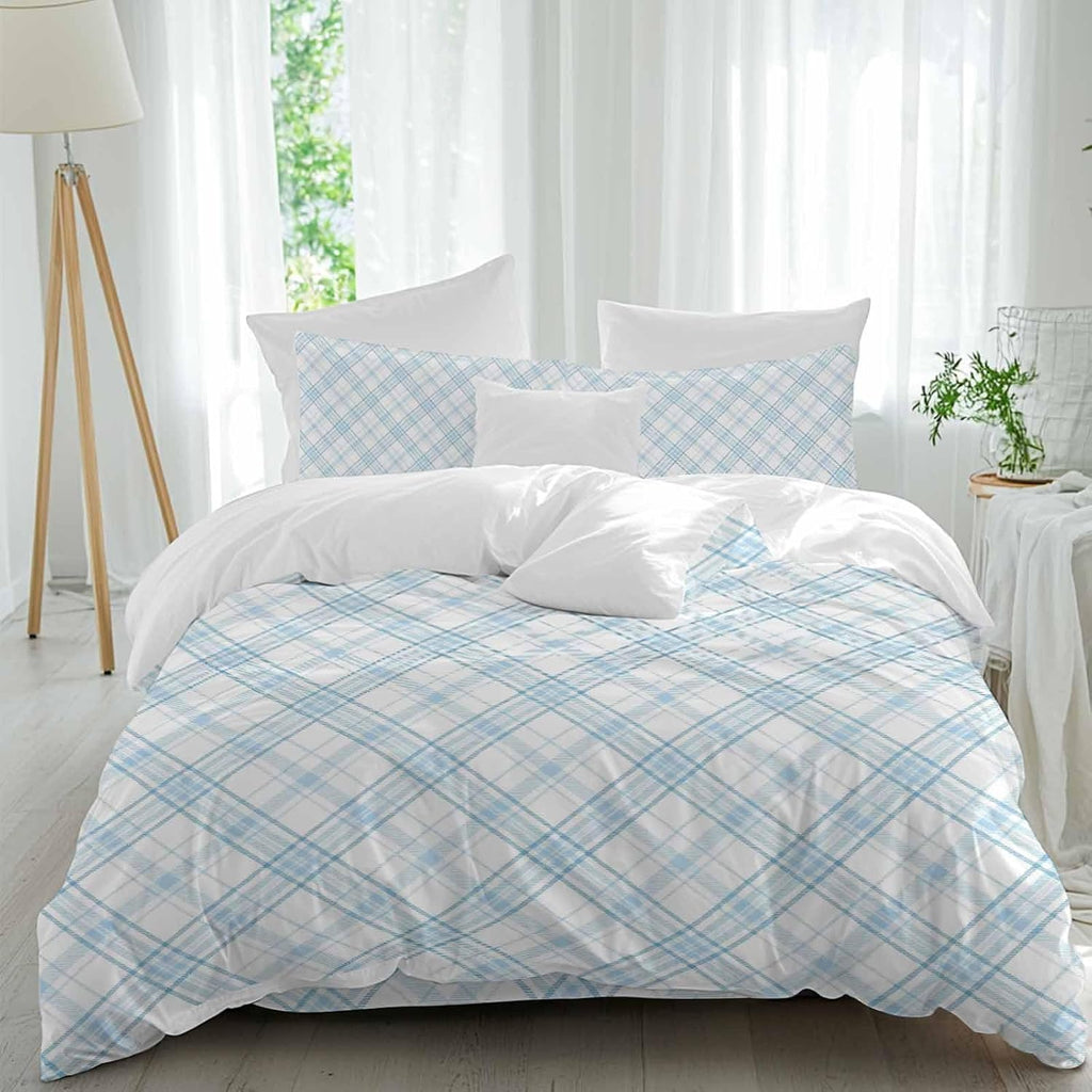 Light Blue White Checkered Duvet Cover Set Queen Size 4 Pieces Modern Minimalist Watercolor Country Farm Bedding Set with Zipper Closure, 1 Comforter Cover 90x92 Inches 1 Flat Sheet & 2 Pillow Cases