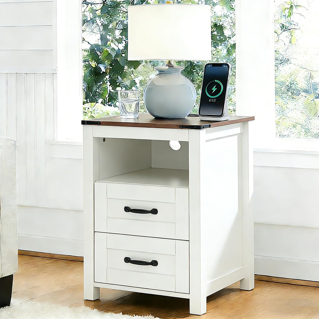 Farmhouse Night Stand Set of 2, Rustic White Nightstand for Bedroom, End Tables with Charging Station, Bedside Table with Drawers, Wood Bedside Cabinet Dresser