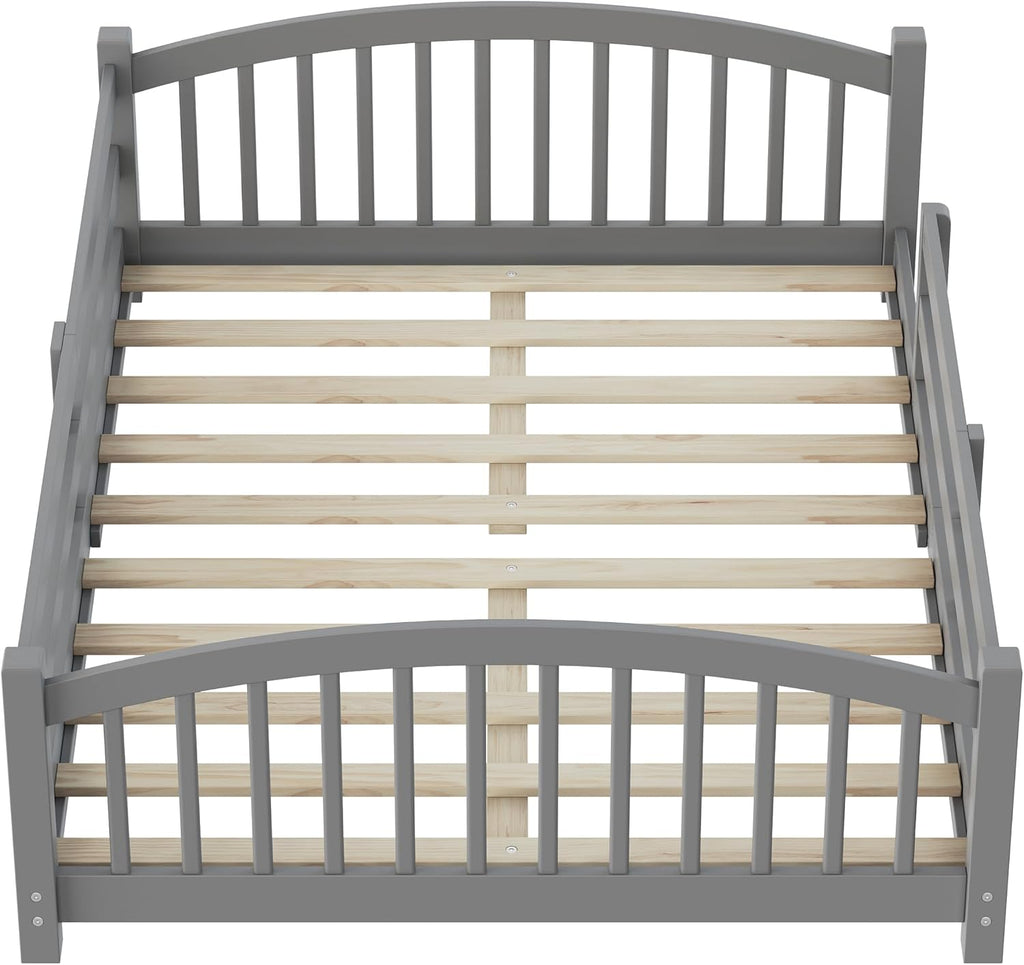 Bellemave Full Size Kids Montessori Floor Bed,Full Size Floor Bed Frame with Slats and Safety Guardrail,Solid Wood Montessori Bed for Girls Boys,Gray