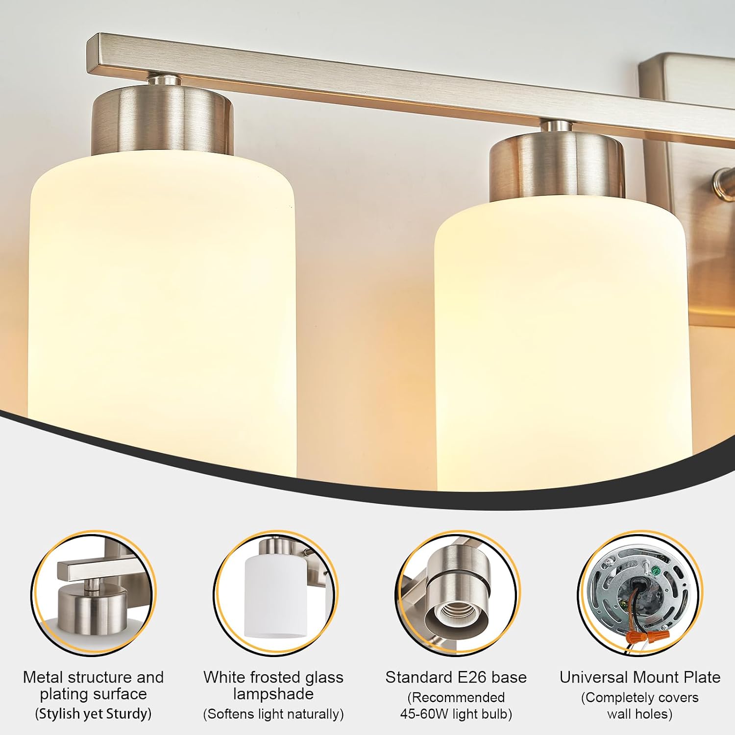 FonmYim Brushed Nickel Bathroom Light Fixtures, 5-Light Modern Vanity Light Over Mirror, Wall Sconces with Milky White Frosted Glass Shades, E26 Socket (Bulbs Not Included)