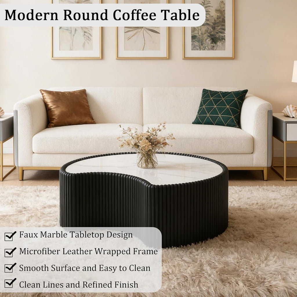 29.53' Black Round Coffee Table, Drum Coffee Table with Sintered Stone Tabletop and Fluted PU Leather Covered and Stable Base, Circle Cocktail Tea Table for Living Room