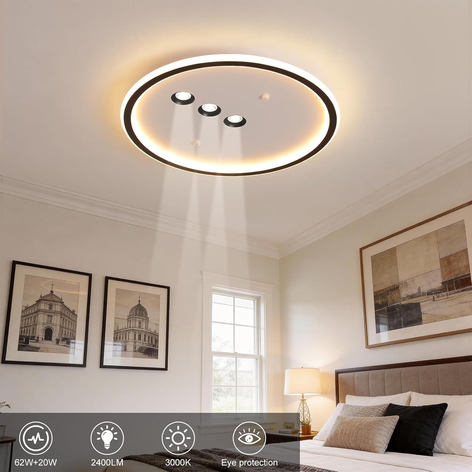 Shine LUEST Modern Round LED Flush Mount Ceiling Light with Black Finish & 3 Adjustable Spotlights, Dimmable Soft Glow Ceiling Lighting for Living Room Bedroom Hallway