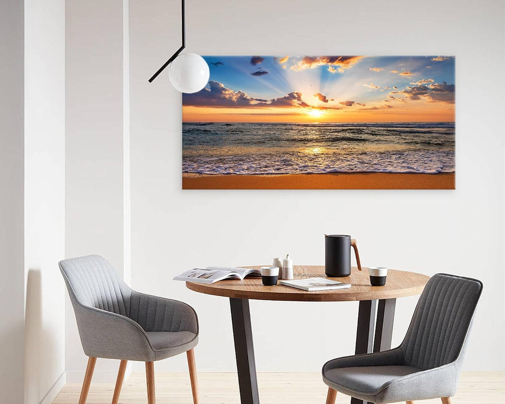 Muolunna BK1898 Wall Art Decor Large Canvas Print Picture Sunrise Ocean Beach 1 Panel Waves Scenery Painting Artwork for Office Wall Decor Home Decoration Stretched and Framed Ready to Hang