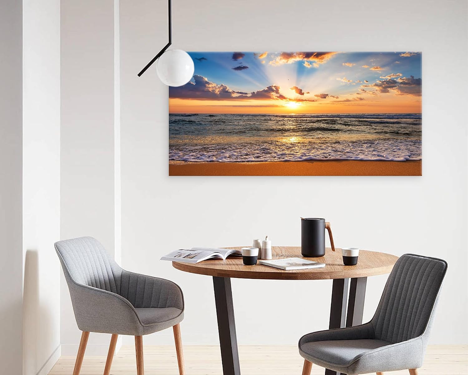 Muolunna BK1898 Wall Art Decor Large Canvas Print Picture Sunrise Ocean Beach 1 Panel Waves Scenery Painting Artwork for Office Wall Decor Home Decoration Stretched and Framed Ready to Hang