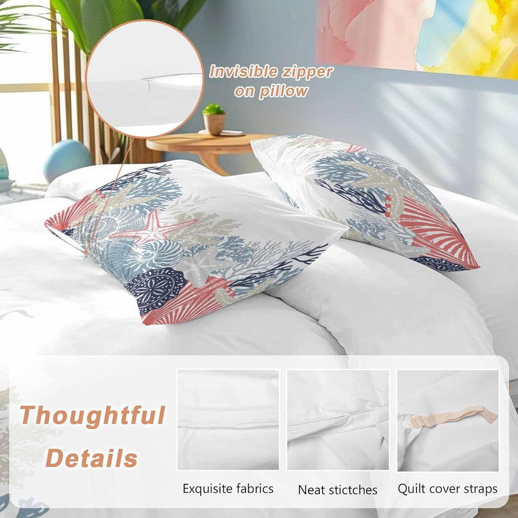 Summer Marine Life Duvet Cover Set Queen Size 4 Pieces Ocean Coral Coastal Starfish Blue Conch Bedding Set with Zipper Closure, 1 Comforter Cover 92x106 Inches 1 Flat Sheet & 2 Pillow Cases