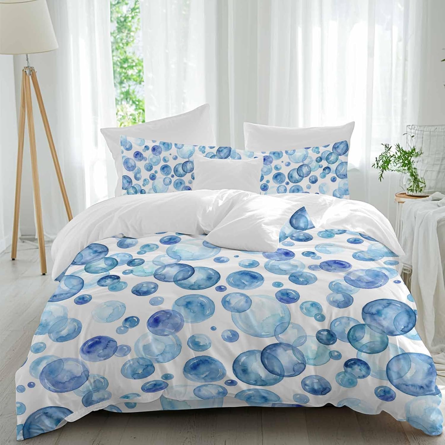 Prime Leader Blue Bubbles Duvet Cover Set Queen Size 4 Pieces Watercolor Gradient Bubble Summer Ocean Bedding Set with Zipper Closure, 1 Comforter Cover 90x92 Inches 1 Flat Sheet & 2 Pillow Cases
