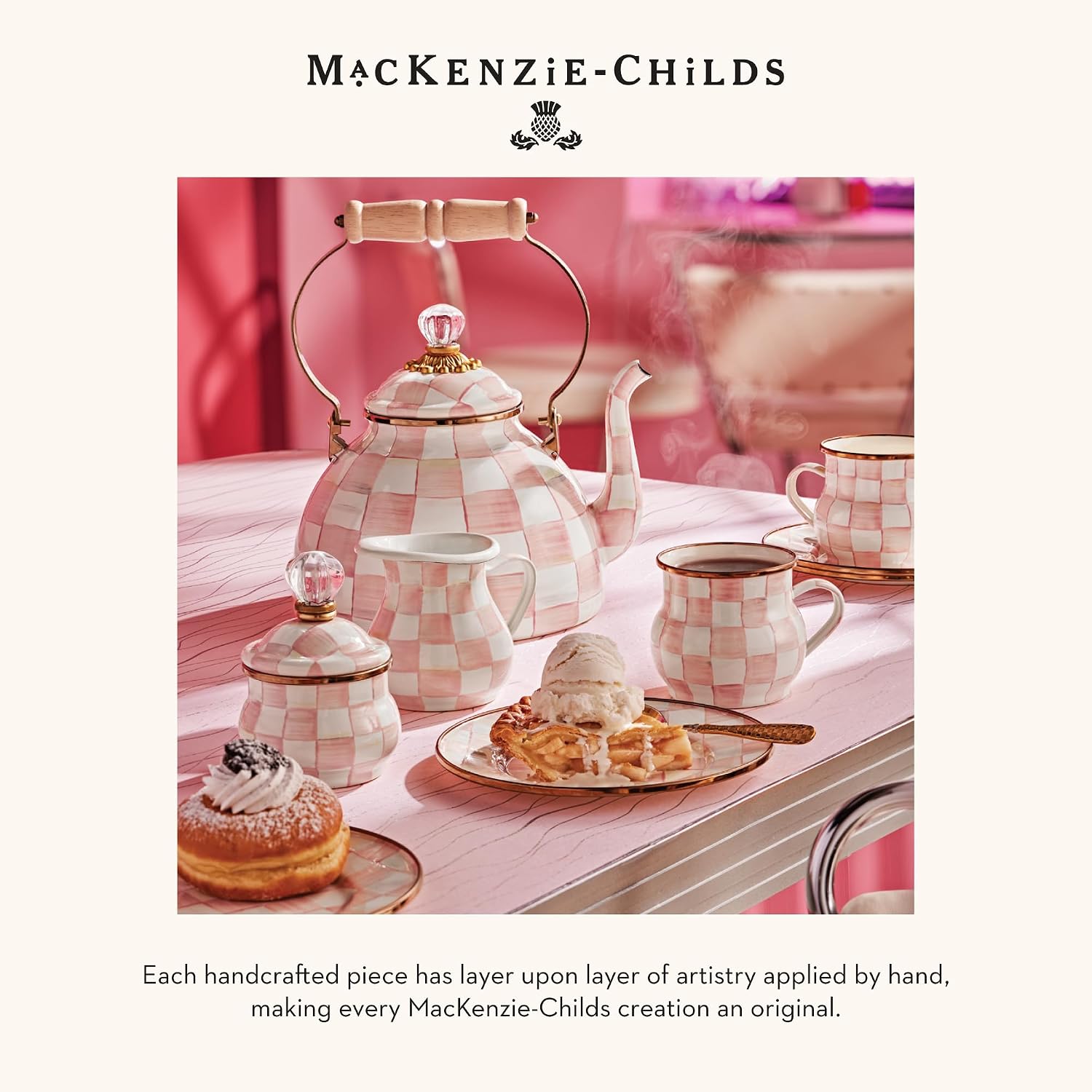 MACKENZIE-CHILDS Enamel Creamer and Sugar-Bowl Set, Cream Dispenser and Sugar Holder, Unique Kitchen Decor, Pink-and-White Rosy Check